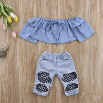 Moda Copil copil Copil Fete de Pe Umăr Topuri Pantaloni din Denim Blugi Gaura Tinuta Stabilit CA