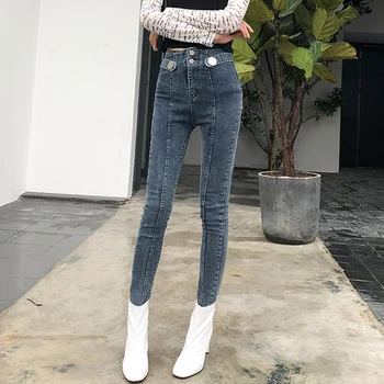 Moda De Talie Mare Îmbinat Skinny Jean Femei Vintage Butonul Creion Din Denim Pant Nou Stil Coreean Casual Slim Stretch Pantaloni