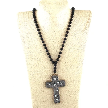 Moda Negru de Lavă și Pietre Lung Înnodate Cristal Pavate Perla decor Crucea Pandantiv Colier Pentru Femei