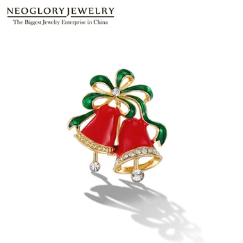 Neoglory Bijuterii de Aur Roșu de Crăciun Jingle Bells Broșe pentru Femei Panglica Verde Email Haina Pin 2020 Nou Brand Cadou de CRĂCIUN