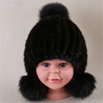 New Sosire Pălărie de Iarnă pentru Copil Fată Băiat Copil Capace de Real Blană de Nurcă Capac cu Mare Pompom Minge de Moda Cald Tricotat Pălării H30