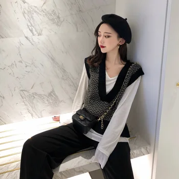 Noi Femeile de iarna vesta fără mâneci Largi All-meci Mozaic Stil coreean V-neck Pulover Tricotate de Agrement Student veste de moda