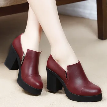 Noi Femeile Pompe de Pantofi din Piele Subliniat Toe Dantela-Up 8cm & 5 cm Toc Gros Superficial Solid Casual Pantofi de sex Feminin, Plus Dimensiune