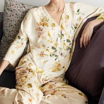 Noi Pijamale Pentru Femei Trei Sfert Cu Frunze De Imprimare Set De Pijama Rever Casual De Dimensiuni Mari Vrac Acasă Haine De Vară Homewear