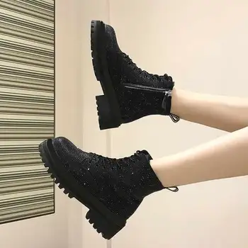 Noi Punk Stil Gotic Dantelă Sus Platforma Glezna Cizme Bling Stras Femei Papuceii Campus Dulce Student Pantofi Mujer Zapatos