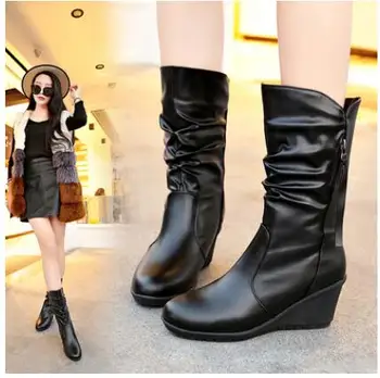 Noua moda Femeie Cizme toamna Iarna Pantofi Pene de Boot Tocuri Joase Cizme Jumătatea Vițel Femei Negru Botine Creșterea Pantofi