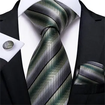 Noul Designer Barbati Cravata Verde Argintiu cu Dungi Nunta Cravată Pentru Bărbați DiBanGu Batista Butoni Cravata de Matase Set Petrecere de Afaceri MJ-7236