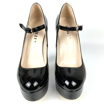 Pantofi pentru femei Rotund Toe Platforma Pompe de Curea Cataramă Tocuri inalte Negre din Piele de Brevet Elegant Doamnelor Încălțăminte