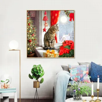 Pisica pe Pervazul ferestrei Diamant Pictura Crăciun Rotund Burghiu Plin de Animale Nouveaute DIY Mozaic Broderie 5D cruciulițe Decor Acasă