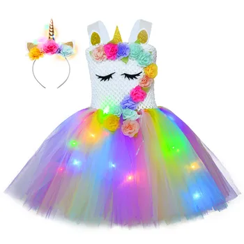 Printesa Unicorn Rochie cu lumini LED-uri Fete Rochii de Cosplay Curcubeu de Aniversare pentru Copii de Halloween Unicorn Costum Petrecere Cu bandă de susținere