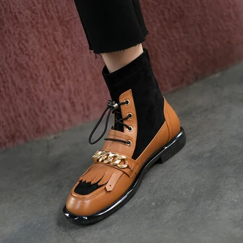 Prova Perfetto Retro Cizme Femei Forța Elastică Cu Dantelă-Up Plat Pantofi Pentru Femei Ciucure Lanț De Metal Rotund Toe Iarna Cizme Glezna Mujer