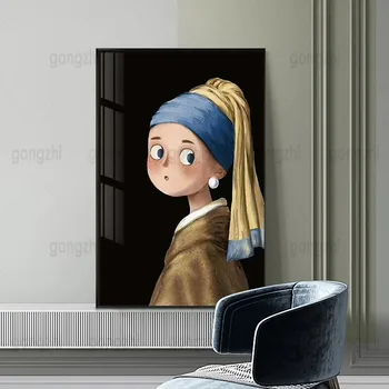 Retro Drăguț Lume de Desene animate Celebra Pictura Mona Lisa Smile Fata cu Cercei Perla Hd Imprimare Decorațiuni interioare Fara rama Poster