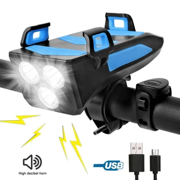 Rezistent la apa USB Biciclete Lumina 4 în 1 Reîncărcabilă Ciclism Fata Far cu 3 LED-uri de lumină cu Bicicleta Corn și Suport de Telefon Funcția