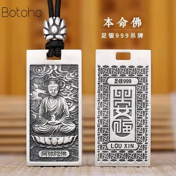 S999 argint Pur Soarta lui Buddha Pandantiv pentru Om Zodiacul Chinezesc Patron Amuleta Pandantiv pentru Femei Sterling de Argint Colier