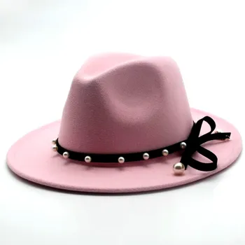 Seioum Margine Largă de Toamna de Moda de sex Feminin perla pălărie de Top de Jazz Capac Iarnă Fedora Pălărie Pentru bărbați de Lână Pălărie de Moda Chapeau Femme Pălării de culoare roz