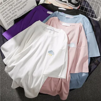 Stil coreean vreme Broderie tricou femei alb harajuku camisetas verano mujer 2019 o-gât teuri grafice de top tricou femme