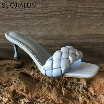 SUOJIALUN 2020 Nou Design de Brand Țese Femei Papuc Femei Vara hin Toc Înalt Sandale sandale Alunece Pe Tobogane Plus Dimensiunea 41