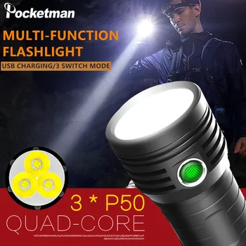 Super Bright lanterna 3 * T6 / XHP50 Lanterna LED-uri 4800mAh Built-in Baterie 18650 Cel Mai Puternic rezistent la apa Lanterna Cutie de Cadou