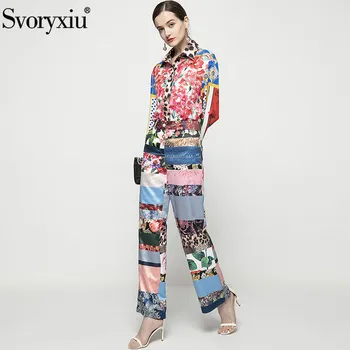 Svoryxiu 2021 Noua Pistă Designer de Moda de Vară de Două Bucata Set pentru Femei Floare de Imprimare Maneca Lunga Bluza + Pantaloni Largi Picior ti se Potriveste