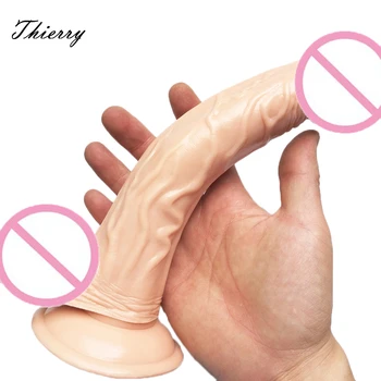 Thierry 22.6x4.2cm Realist Curbat Dildo cu ventuza, Flexibil Penis Gay Jucarii Sexuale Penis Erotic Dong Produse Pentru femei