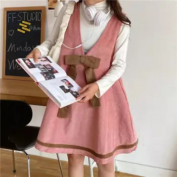 Toamna femei rochie de catifea colegiul stil coreea PAPION CUREA fusta talie mare dungă împletit moda uri casual rochie oversize
