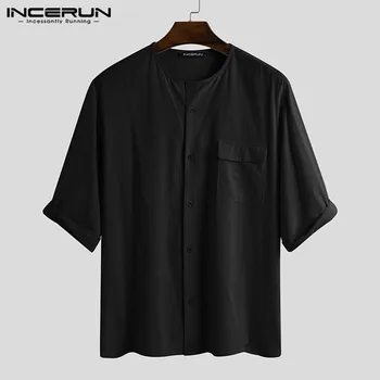 Tricou de bumbac Bărbați 2021 Jumătate Maneca Culoare Solidă Streetwear Casual Bluza Vintage Buzunare Butonul Barbati Tricouri Camisas INCERUN S-5XL