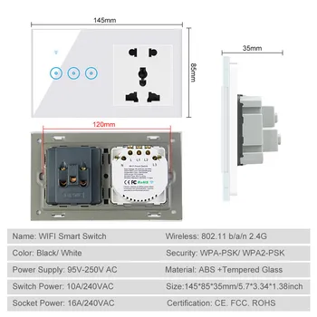 Tuya Smart Switch cu Soclu WiFi LED Touch Comutator de Perete 3 gang și 5 Găuri Universale Compatibile cu Socket-Alexa de Start Google