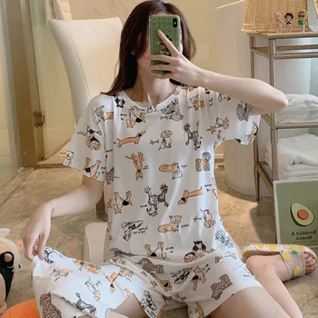 Vara cu Maneci Scurte Set de Pijama Femei coreene Kawaii tricouri ȘI pantaloni Scurți de sex Feminin Pijamale 2020 Imprimate Casual Femei îmbrăcăminte de noapte