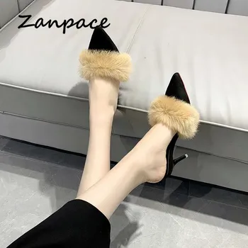 Vara Pantofi Cu Tocuri De Femeie Pompe De Moda Sexy Degetul Ascutit Blană Papuci De Casă 2021 Primavara Pana Sălbatice Femei Pantofi De Pompe De Dimensiuni 43 44