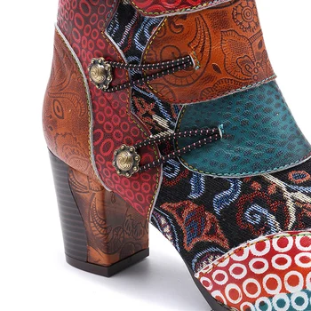 Vintage Despicare Tipărite Glezna Cizme Pentru Femei Pantofi Femei Toamna Cu Fermoar Din Piele Retro Bloc Tocuri Inalte Cizme Pentru Femei