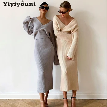 Yiyiyouni V-Neck Pulover și Fusta Tricotate Două Bucata Set Sexy Femei Split Înfășurat Fusta și Top Trunchiate Set pentru Femei Costume de Toamnă