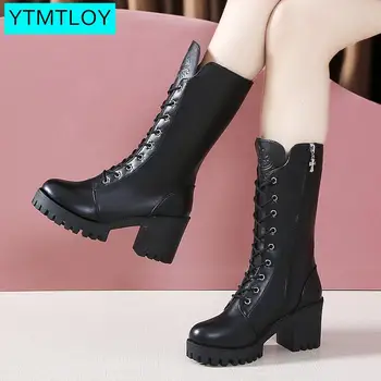 YTMTLOY 2020 Vânzare la Cald de Toamna si Iarna Cizme de Moda pentru Femei Negru Toc Pătrat Femeie Pantofi de Piele de Iarnă PU Mari Dimensiuni 41